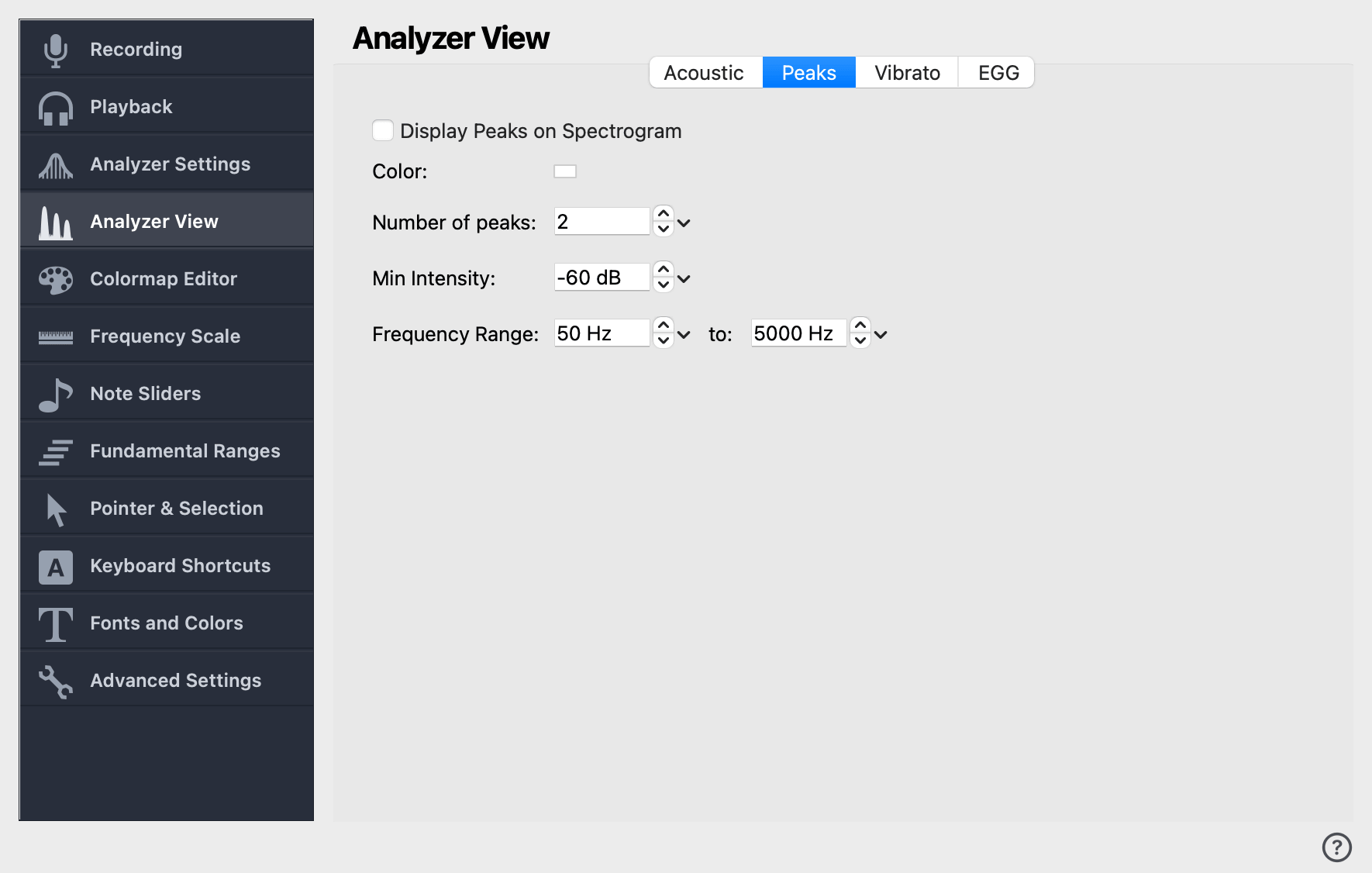 en ref settings display peaks